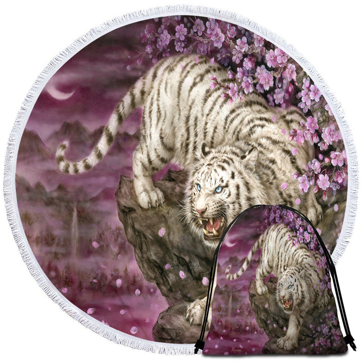 Wildlife Animal Cherry Blossom White Tiger Round Beach Towel