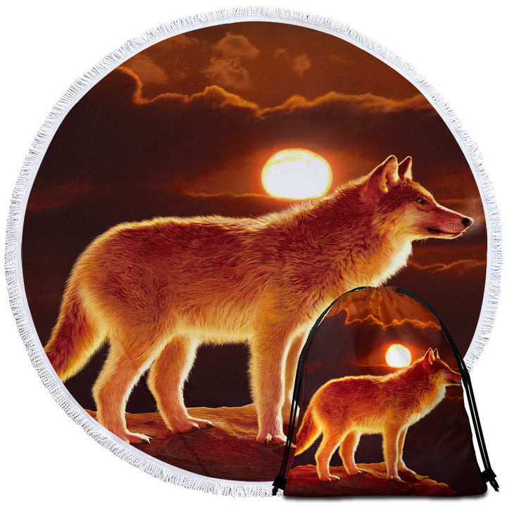 Wildlife Art Sunset Wolf Circle Beach Towel