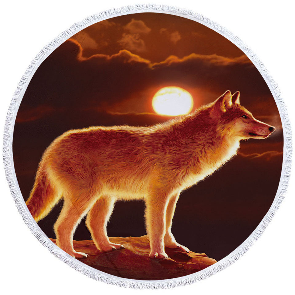 Wildlife Art Sunset Wolf Round Beach Towel