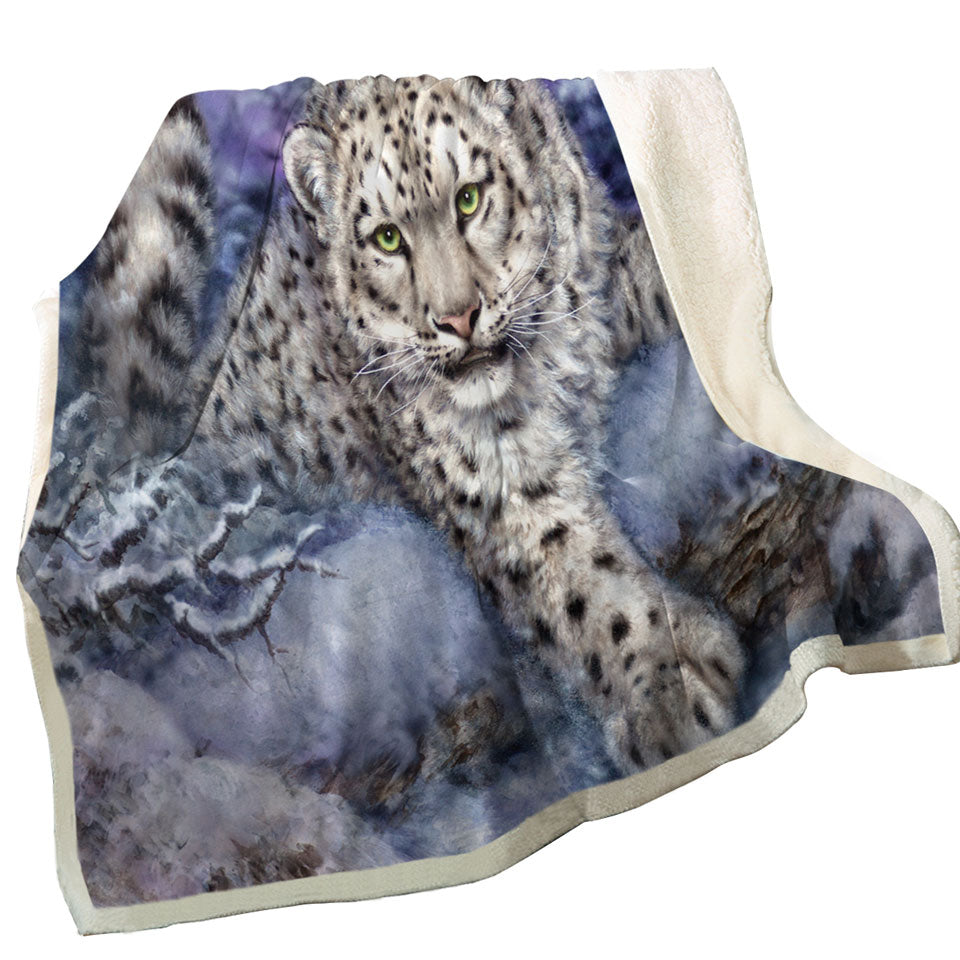 Wildlife Drawings Snow Forest White Leopard Fleece Blankets